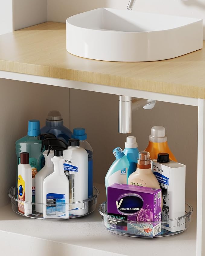 LAMU 2 Pack 12 Inch Lazy Susan Organizer Turntable for Cabinet, with High Edges to Prevent Falling, Large Clear Lazy Susan for Kitchen, Pantry, Refrigerator, Countertop, Table, Bathroom