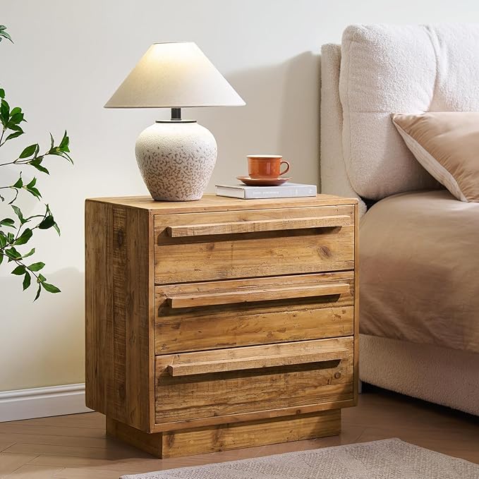 HOKYHOKY Reclaimed Solid Wood Nightstand-24 Inches Large End Table with 3 Drawers, Pre-Assembled Farmhouse Bedside Tables for Living Room, Bedroom