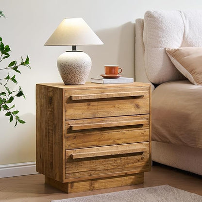 HOKYHOKY Reclaimed Solid Wood Nightstand-24 Inches Large End Table with 3 Drawers, Pre-Assembled Farmhouse Bedside Tables for Living Room, Bedroom