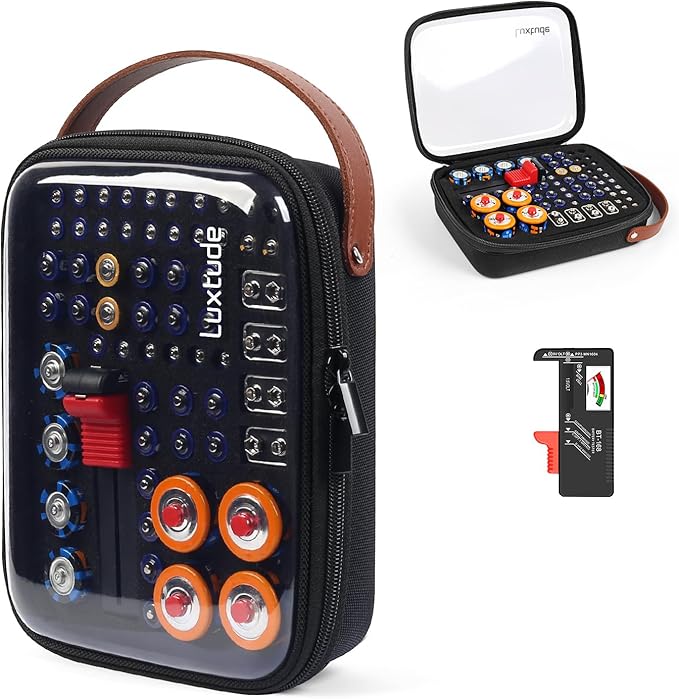 Luxtude Battery Organizer Storage Case with Tester, Clear Battery Storage Organizer, Hard Batteries Holder, Portable Batteries Case Organizers, Drawer Daddy (Batteries No Included)