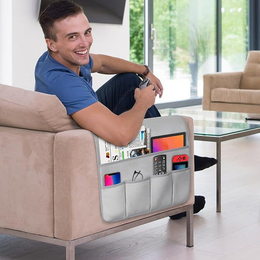WETRBWEH Remote Control Holder for Armchair，Couch Caddy Organizer TV Remote Holder for Bed Storage 5 Pockets，Remote Caddy Bedside Organizer Bedside Table Organizer (LightGray, 35''x18'')