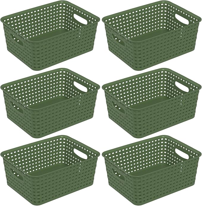 6 Packs Plastic Organizer Shelf Baskets, Desktop Weave Storage Basket, Green Storage Baskets for Cabinet, Pantry