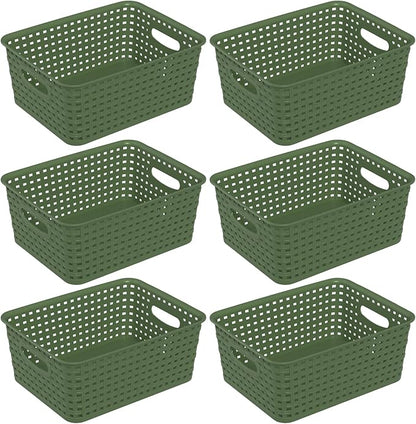 6 Packs Plastic Organizer Shelf Baskets, Desktop Weave Storage Basket, Green Storage Baskets for Cabinet, Pantry
