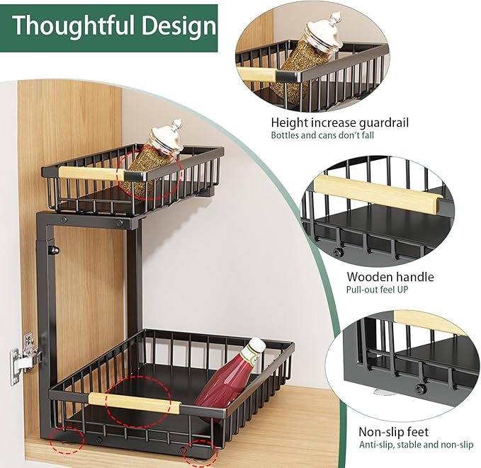 2 Pack 2 Tiers Pull Out Under Sink Organizers, Metal Kitchen Storage Shelf, Pull Out Under Sink Storage Rack, Multi-purpose Under Sink Shelf Organizer for Under Sink Cabinet Bathroom Kitchen (Black)