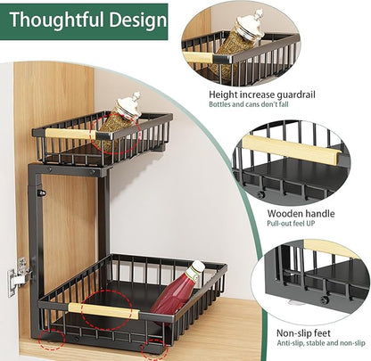 2 Pack 2 Tiers Pull Out Under Sink Organizers, Metal Kitchen Storage Shelf, Pull Out Under Sink Storage Rack, Multi-purpose Under Sink Shelf Organizer for Under Sink Cabinet Bathroom Kitchen (Black)