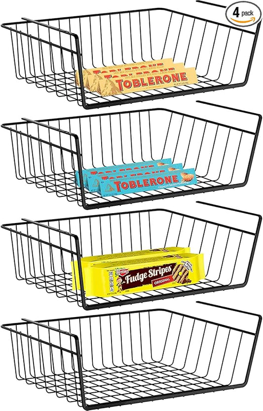 4 Pack Under Shelf Basket, Under Cabinet Organizer Shelf, Durable Metal Wire Rack Hanging Basket Storage Rack, Shelf Organizing for Kitchen/Pantry/Bathroom/Desk-Slide Arms Height:1.45in(Black)