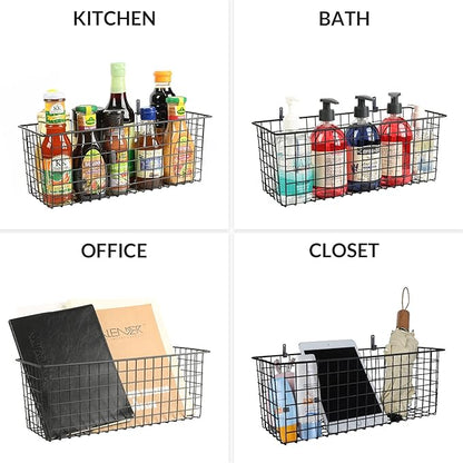 2 Sets Extra Large Hanging Wall Basket, Black Metal Wire Baskets with Steel Hooks for Organizing, WallmountedFruit Vegetable Toy Snack Storage, Home Kitchen Bathroom Laundry Pantry Organizer