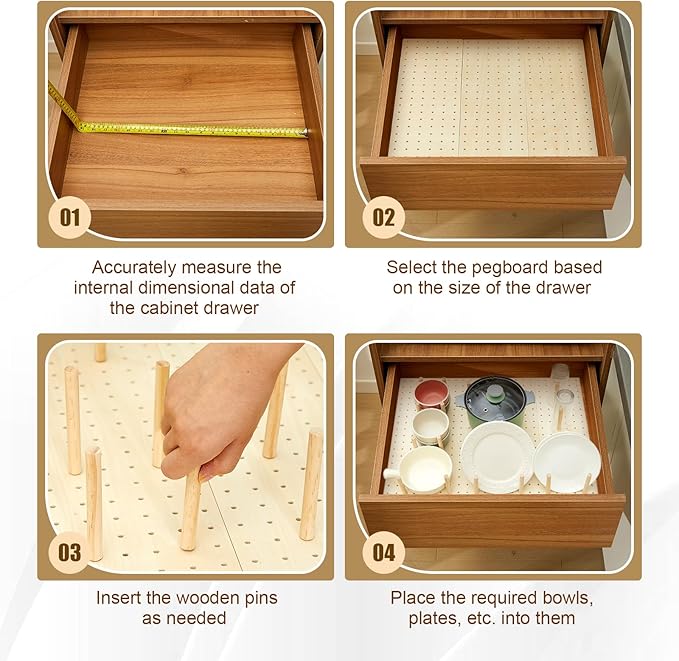 Kigley 3 Pcs Wood Pegboard Drawer Organizer with 32 Pegs Wooden Peg Board Drawer Shelf Organizer Adjustable Peg System for Dishes Plate Pot Container Cookware Utensil Kitchen(20.98 x 5.91 in)