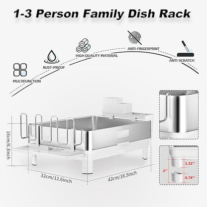 Ewaiira Dish Drying Rack, 304 Stainless Steel Dish Racks for Kitchen Counter, Dish Drainers with Automatic Drainage, Utensil Holder & Cups Holder, Space Saving Kitchen Organizer, White
