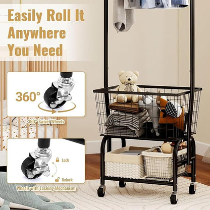 ALIMORDEN Laundry Cart with Clothes Rack, Rolling Laundry Butler with Wire Storage Rack，Black