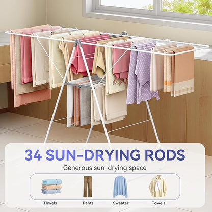 APEXCHASER Clothes Drying Rack, Foldable Oversized Drying Rack Clothing with U-Shaped Foot Cover, Height-Adjustable, Multi-Bar Laundry Rack, Indoor Outdoor Use, 20.47"D x 70"W x 42.52"H, Pearl White