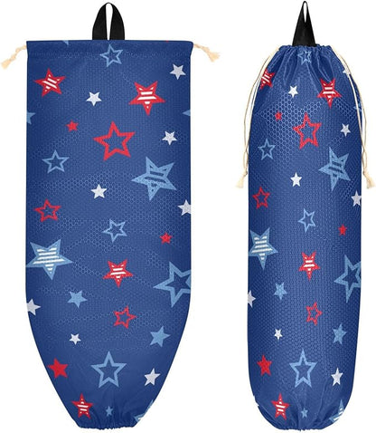 2 PCS Plastic Bag Holder Wall Mount Grocery Bag Holder Shopping Bag Trash Bag Storage Organizer Dispenser for Kitchen Closet 22 x 9 Inch Patriotic Stars