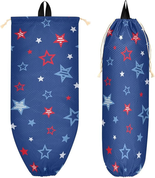 2 PCS Plastic Bag Holder Wall Mount Grocery Bag Holder Shopping Bag Trash Bag Storage Organizer Dispenser for Kitchen Closet 22 x 9 Inch Patriotic Stars