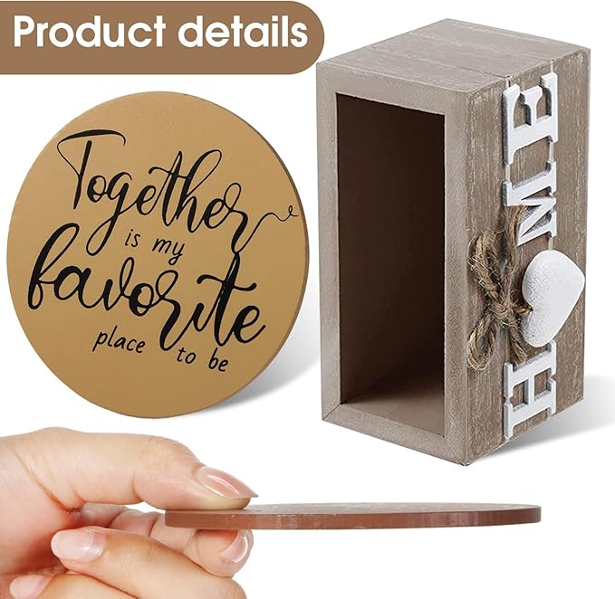 Queekay Coasters Set of 6 House Warming Gifts New Home Wooden Farmhouse Drink Coasters with Holder 4'' Funny Decoration for Kitchen Family Coffee Bar Tabletop Protection(Brown)