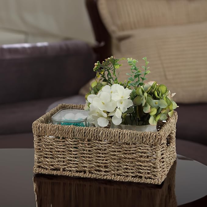 Wicker Baskets, Baskets for Organizing, Rattan Woven Basket for Storage, Organizer Bins with Built-in Handles, Storage Basket for Shelves (Seagrass, Small)