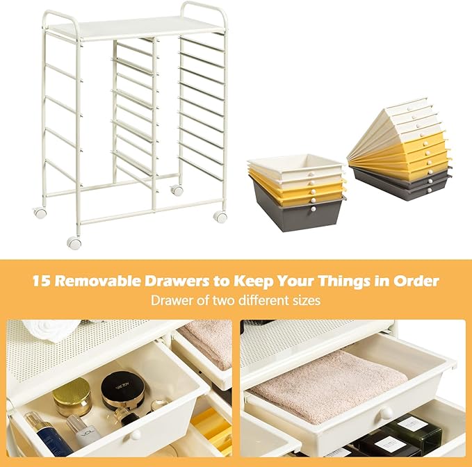 KOTEK 15-Drawer Rolling Storage Cart, Multipurpose Mobile Utility Cart with 4 Wheels, Home Office School Tools Scrapbook Paper Organizer (Yellow)