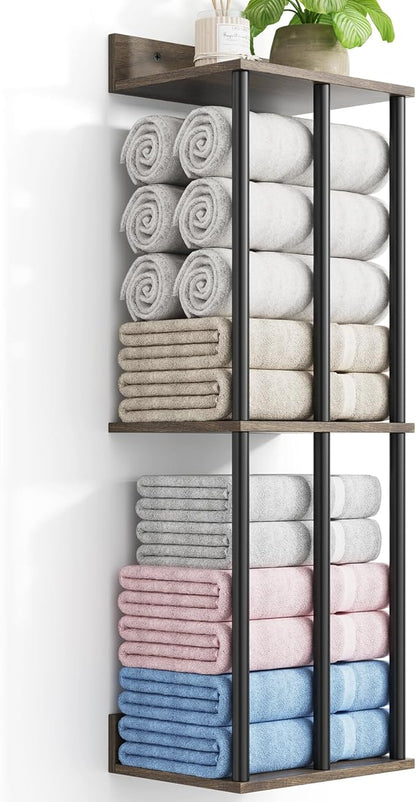 Towel Racks for Bathroom Wall Mounted with Wooden Storage Shelf, Updated 3 Bar Metal Towel Holder for Rolled Towels, Sturdy and Large Capacity, Towel Storage Organizer