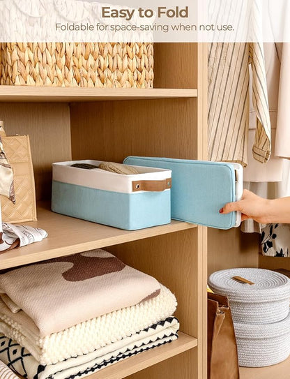 StorageWorks Narrow Storage Bins, Small Basket for Closet and Shelves, Fabric Organizer with Handles, Toilet Paper Storage, Light Blue and White, 2-Pack