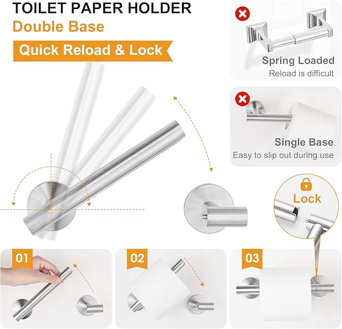 CozyTower Brushed Steel Quick Reload Toilet Paper Holder Wall Mount, SUS304 Stainless Steel Double Post Pivoting Tissue Roll Holder Hand Towel Holder Ring Wall Hook Bathroom Hardware Accessories Set