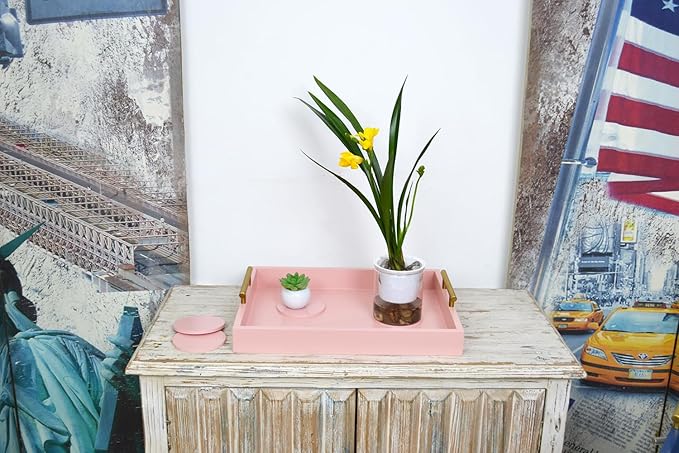 Serving Tray 16.5“X 13“Deluxe Wooden Ottoman Tray for Coffee Table with Polished Gold Metal Handles and 4 Coasters, Living Room Bathroom Coffee Bar Organizer Modern Decorative Pink Tray