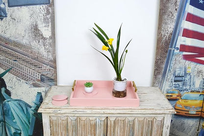 Serving Tray 16.5“X 13“Deluxe Wooden Ottoman Tray for Coffee Table with Polished Gold Metal Handles and 4 Coasters, Living Room Bathroom Coffee Bar Organizer Modern Decorative Pink Tray
