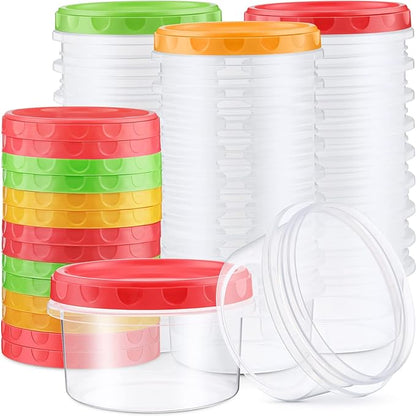 Sieral 36 Pack 8 oz Freezer Containers with Lids Reusable Deli Freezer Storage Containers Stackable Plastic Thick Twist Top Jars for Takeout Food Round Wide Mouth Lunch Snack (Red,Green,Yellow)