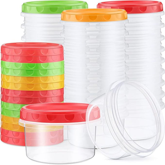 Sieral 36 Pack 8 oz Freezer Containers with Lids Reusable Deli Freezer Storage Containers Stackable Plastic Thick Twist Top Jars for Takeout Food Round Wide Mouth Lunch Snack (Red,Green,Yellow)