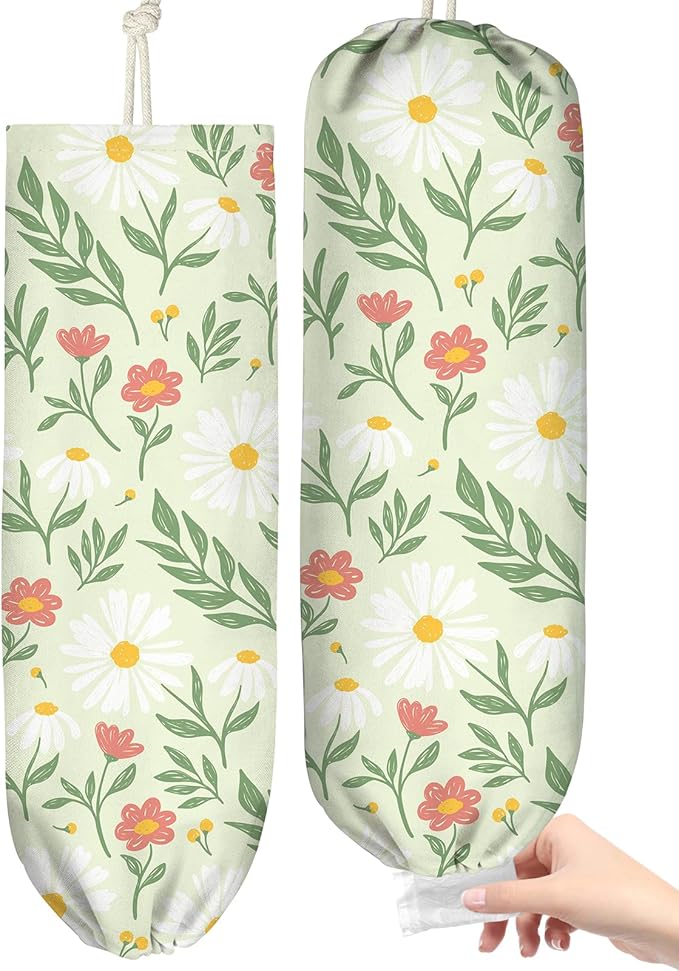 Plastic Bag Holder, Grocery Bag Organizer - 1 Pack Cute Kitchen Dispenser Holders Reusable Shopping Western Hanging Wall with Adjustment Drawstring Closure for Women Home, Daisy
