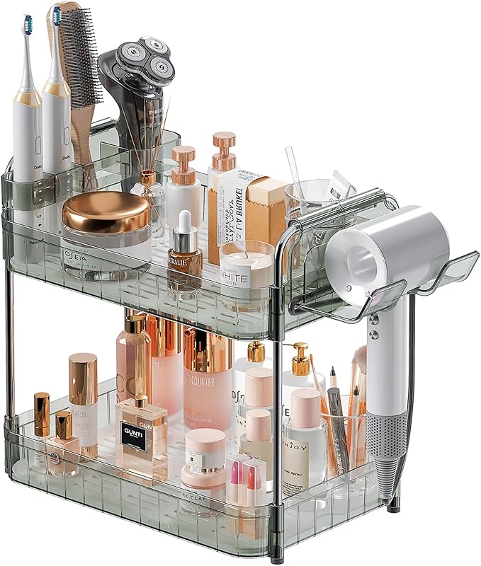 AmzAge Bathroom Countertop Organizer,Makeup Counter Organizer With Hair Dryer Holder,Compatible with Dyson Blow Dryer,Electric Toothbrush And Toothpaste Holder,2-Tier Detachable Design,Gem Green