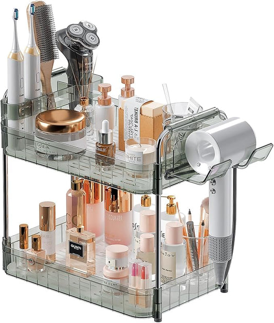 AmzAge Bathroom Countertop Organizer,Makeup Counter Organizer With Hair Dryer Holder,Compatible with Dyson Blow Dryer,Electric Toothbrush And Toothpaste Holder,2-Tier Detachable Design,Gem Green