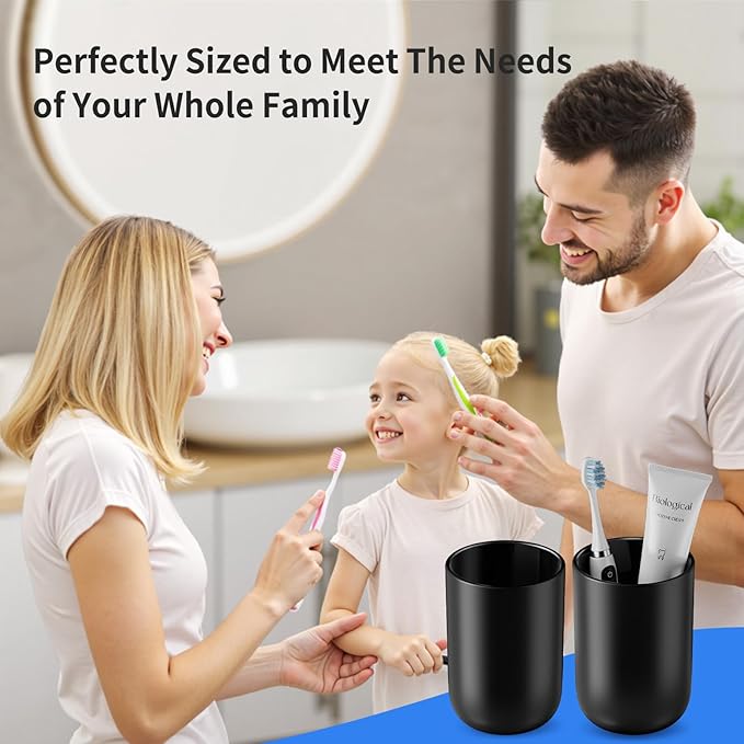 MOPMS Toothbrush Cup 13oz 380ml, Unbreakable Reusable Bathroom Tumbler 2Pcs, Non-Slip Plastic Bathroom Cup Toothbrush Holders for Bathroom, Black