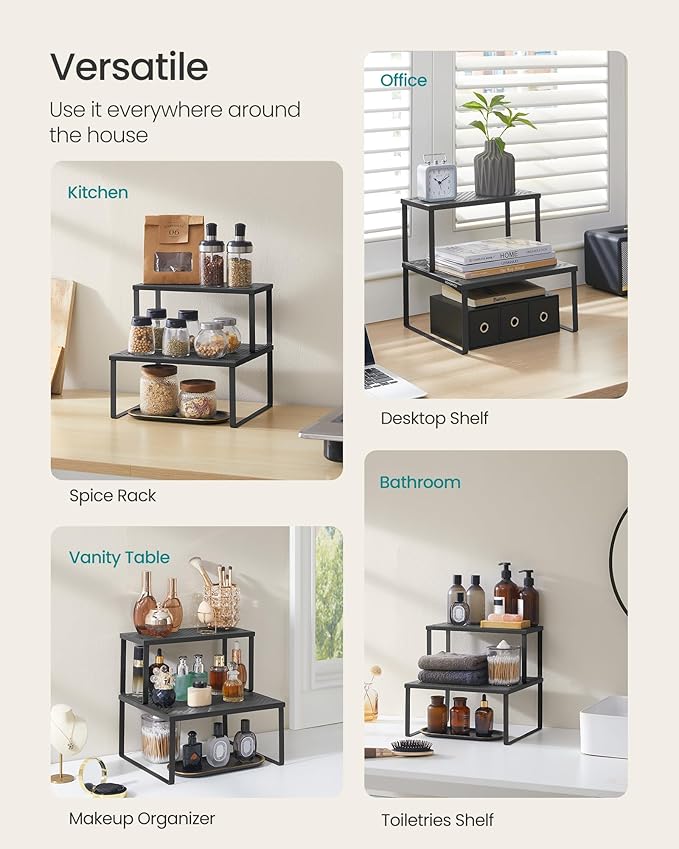 SONGMICS Spice Racks, Set of 2 Metal Cabinet Shelf Organizers, Countertop Organizers, Shelf Risers, Stackable, Expandable, Ink Black UKCS005B01