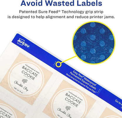 Avery Durable Waterproof Square Labels with Sure Feed Technology, 2" x 2", White, Laser & Pigment-Inkjet Compatible, 96 Blank Labels Total, Great for Branding, Packaging, and More (64510)