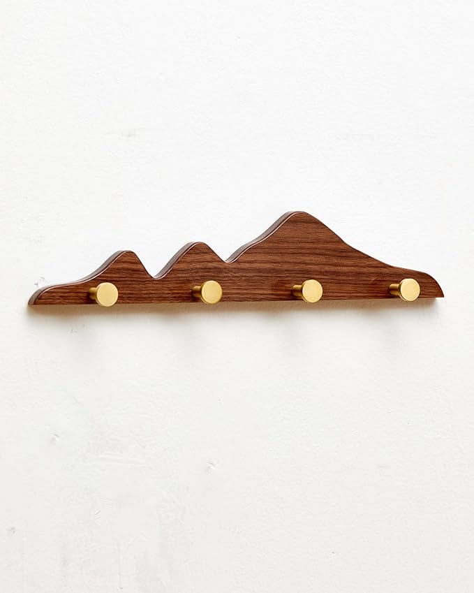 Wood Coat Hooks Wall Mount - Wooden Coat Rack with 4 Gold Brass Hooks for Entryway Bathroom Bedroom, Modern Decorative Wall Hooks Heavy Duty Organizer for Hanging Clothes Hats Bags Robes Towels Purse