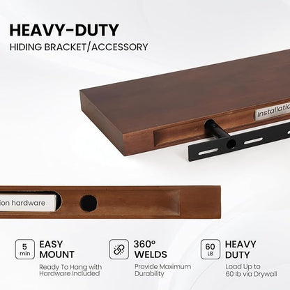 Floating Shelves 36 Inches Long - 8 Inch Deep Rustic Solid Pine Wood for Storage - Farmhouse Wall Mounted for Living Room - Heavy-Duty Metal Bracket - 36" W x 8" D - Set of 2 - American Walnut Color
