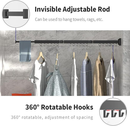 ptlsy Wall Mounted Portable Folding Clothes Drying Rack with Hooks,Space Saver Clothes Hangers Design Universal for Balcony, Mudroom, Bedroom, Kitchen, Foldable Laundry Rack (3-Pole Black)