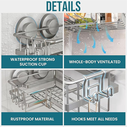 TAILI Corner-adaptive Suction Cup Shower Caddy 2 Pack, Stainless Steel Rustproof Corner Shower Shelves, Drill-Free Wall Mounted Baskets, Large Capacity, Removable Suction Cup Bathroom Organizer, Gray
