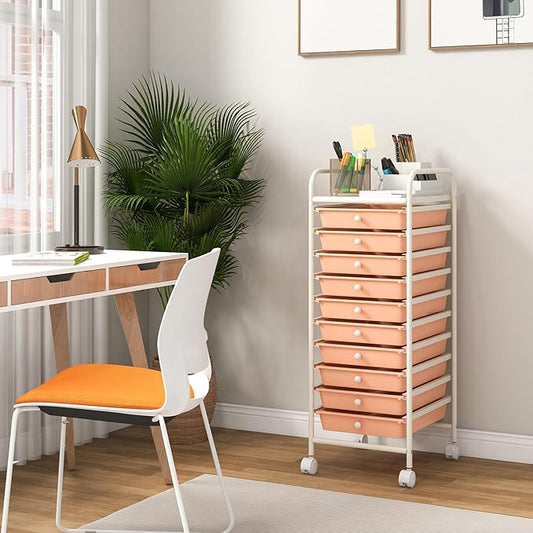 MAT EXPERT 10 Drawer Rolling Storage Cart, Multipurpose Utility Cart w/Plastic Drawers & Universal Casters, 10 Tier Mobile Storage Organizer Cart for Office Home Classroom Beauty Salon