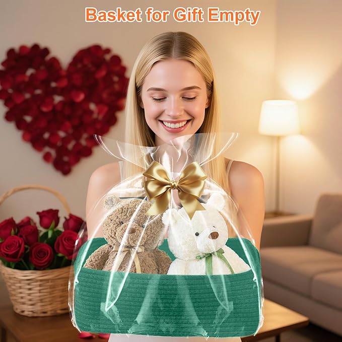 Small Storage Baskets for Organizing, Woven Storage Bins for Shelves, Gift Basket Empty, Cute Decorative Closet Organizer, Baby Rope Basket, Dog Toy Storage, 12.6x8.2x5”, 3Packs Green