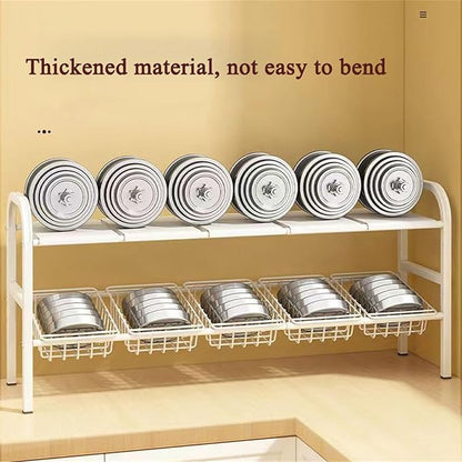 Under Sink Organizers, 2 Tier Stretchable Cabinet Shelf Organizer with 4 Removable Panels and 4 Under Shelf Basket for Under Bathroom Storage,Under Cabinet Shelves,kitchen Sink Storage Rack (white)