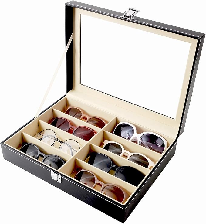 Siveit 8 Slot Sunglass Organizer Leather Eyeglasses Collector Eyewear Display Case Storage Box, Black
