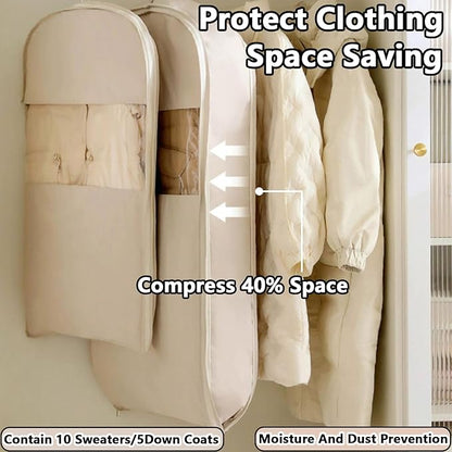 Space Saving Hanging Garment Bag with Self Compression Zipper，Dust Cover Clothes Bags for Down Coat,Dress,Suit，Closet Storage Organizer for Home Travel Use(Pink, L)