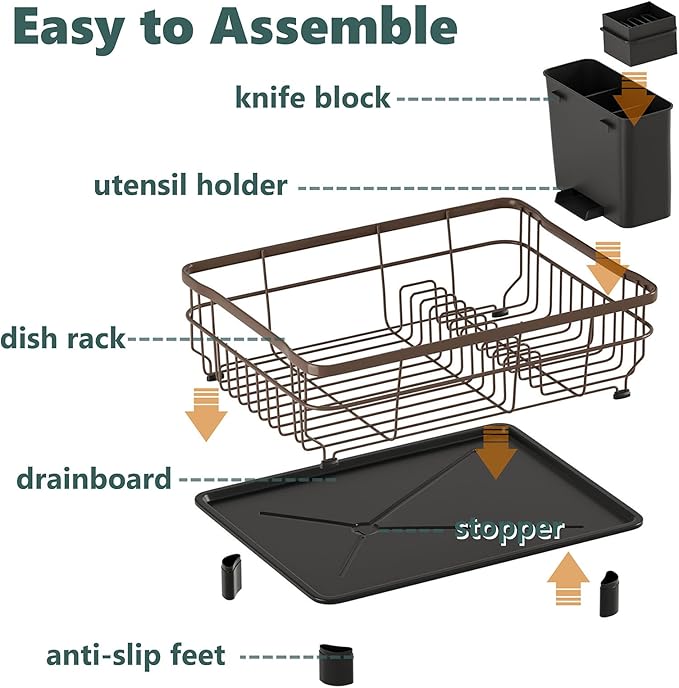 AIDERLY Iron Dish Drying Rack with Drainboard Dish Drainers for Kitchen Counter Extendable Spout Strainers with Utensil Holder and Knife Slots, Brown