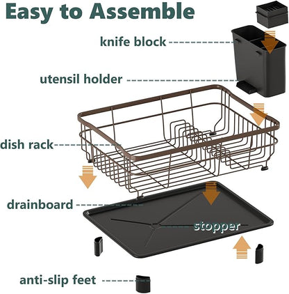AIDERLY Iron Dish Drying Rack with Drainboard Dish Drainers for Kitchen Counter Extendable Spout Strainers with Utensil Holder and Knife Slots, Brown