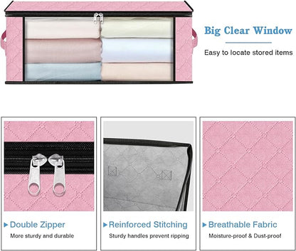 HomeHacks Storage 4-Pack Clothes Organizer Storage Bags Foldable Storage Box with Large Clear Window Sturdy Handles for Closet, Dorm, Pillows, Bedding, Clothes, Blankets, 35L, Pink