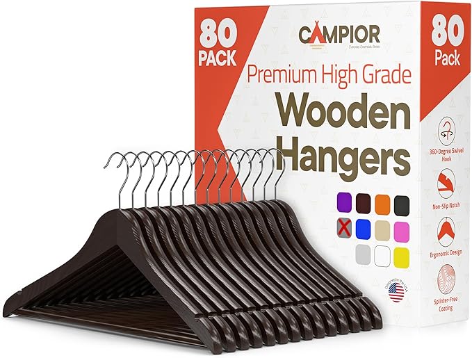 Brown Wooden Hangers 80 Pack – Heavy-Duty with 360° Swivel Hook, Non-Slip, Pants Bar & Shoulder Grooves - Wooden Hangers for Suits, Jackets, Dresses & Camisoles, Space-Saving and Smooth Finish
