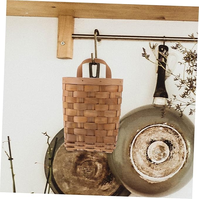 Natural Wood Hanging Basket Organizer for Kitchen and Wall Storage Woven Basket with Handle for Household Items Rustic Wall Decor Multi Purpose Hanging Storage Bin