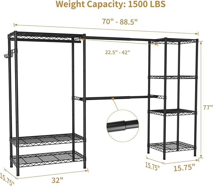 Coat Rack Clothes Wardrobe：Closet Organizer and Storage Clothing Garment Rack with Shelves Heavy Duty for Hanging Clothes Portable Adjustable Black 15.8" Dx(70-88.5)" Wx76.5 H