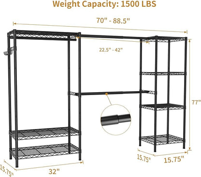 Coat Rack Clothes Wardrobe：Closet Organizer and Storage Clothing Garment Rack with Shelves Heavy Duty for Hanging Clothes Portable Adjustable Black 15.8" Dx(70-88.5)" Wx76.5 H