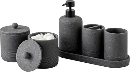 Haocoott Bathroom Accessories Set, 6 PCS Modern Bathroom Accessory Set with 15 OZ Soap Dispenser, Toothbrush Holder, Vanity Tray, Tumbler, 2 PCS Qtip Holders (Grey)